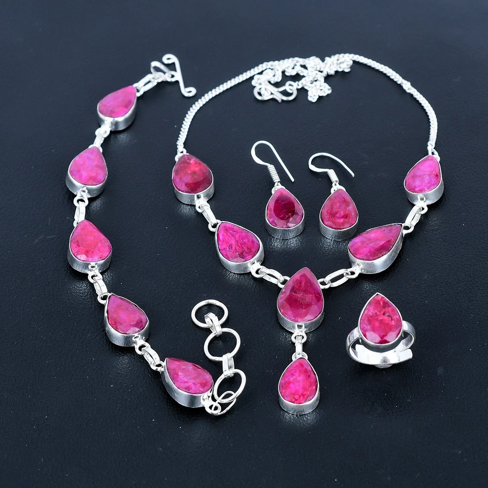 Juego de joyas de plata de ley 925 hechas a mano con piedras preciosas de pera rubí rojo de Cachemira VJ 918 Foto 2 de 4