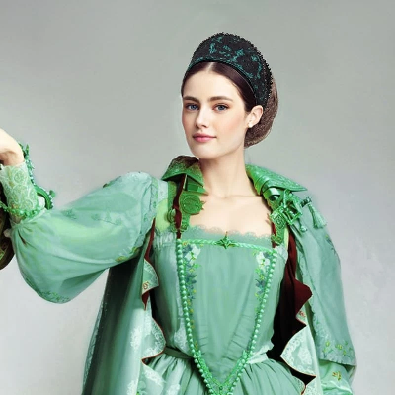 Diadema Anne Perla Tudor Capucha Francesa Gótico Renacimiento Accesorio para el Cabello Verde Foto 4 de 4