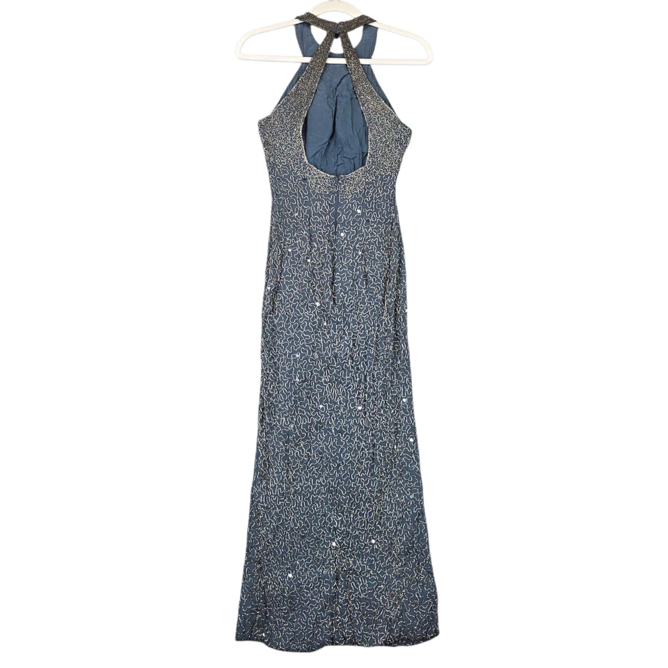 Vestido Vintage Colección Sean Para Mujer S Azul Plata Cuentas Seda Halter Espalda Abierta Foto 3 de 4