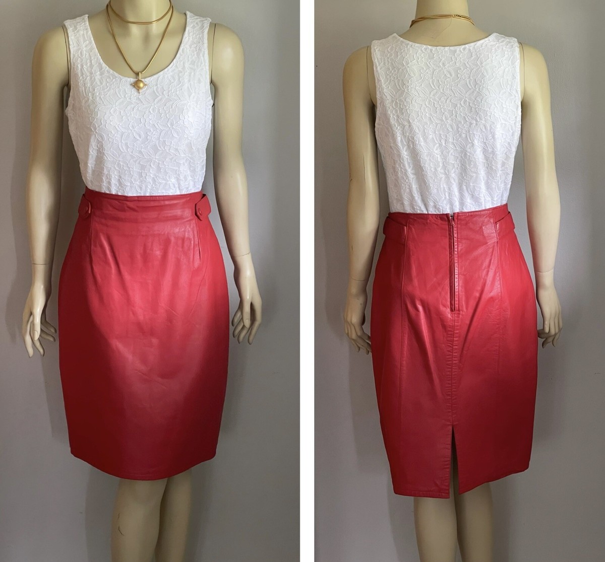 Vtg 80s Jaqueline Ferrar Red Leather High Rise Knee Pencil Skirt