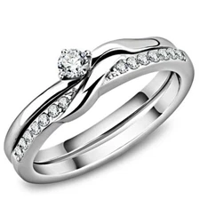 Women's Round & Accent CZ Stainless Steel Wedding Promise 2PC  2  Ring Band Set