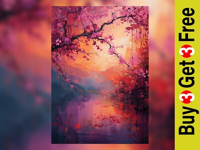 Lebendige Kirschblüten Kunstdruck: Sonnenuntergang Reflexionen, 5''x7'' & 6''x8'' matt