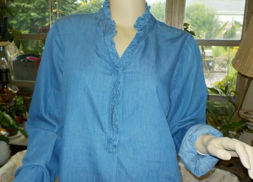 Kim Rogers Chambray Blouse Size L NWT Button Placket Ruffle V Neck Roll Tab Slee - Picture 2 of 12