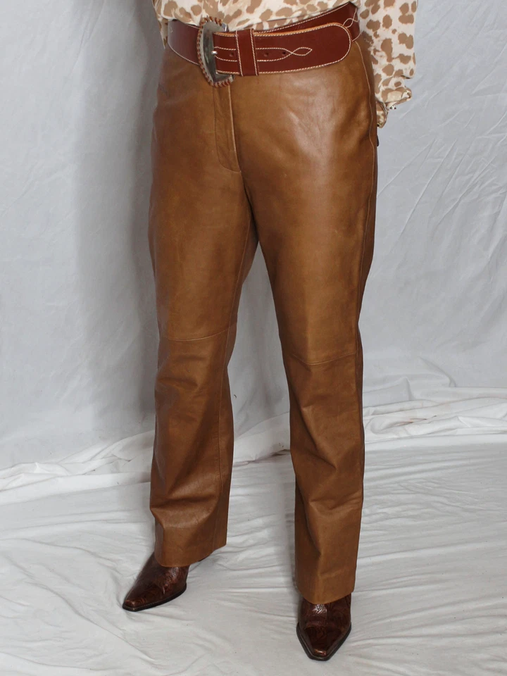 Pantalones de cuero para mujer marrón tostado 6 SUAVE piel de cordero Isda & Co Mob Wife pantalones raros Foto 4 de 4
