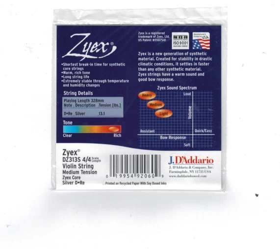 Une Corde Zyex  de Ré pour violon 4/4 - D'addario médium Filé Argent DZ313S M - Photo 2/2