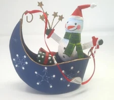 Dansk Snowman Handpainted Ornament Figure Sleigh Whimsical Tin Vtg Philippines