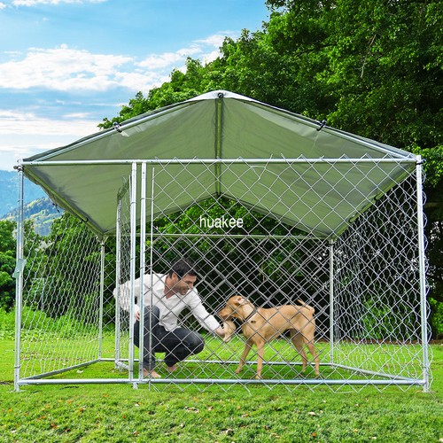 Outdoor Metal Dog Kennel w/ Cover 6.56x6.56ft Chain Link Pet Run Cage with Cover