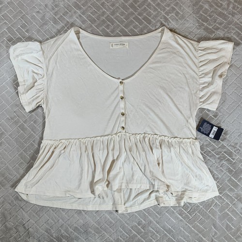 Lucky Brand Womens Oversized S Top Cream White Peplum V Neck Short Ruffle Sleeve