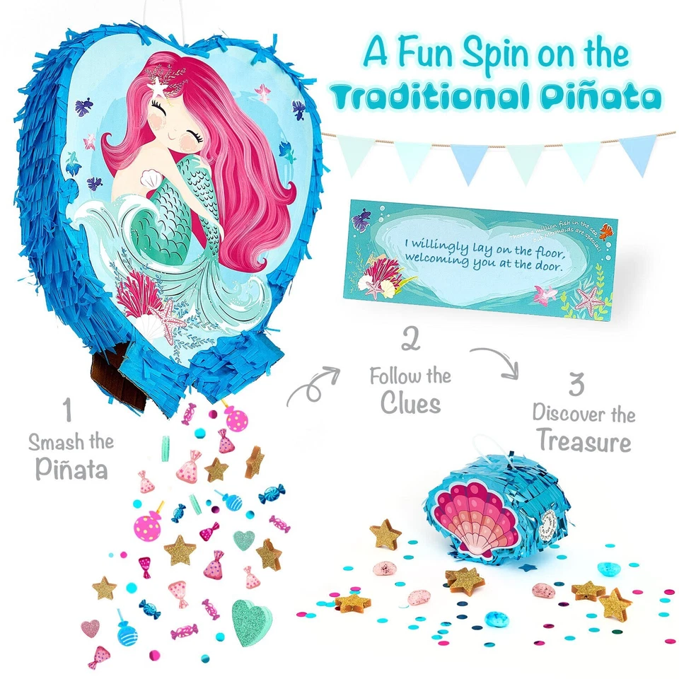 Mermaid Pinata Birthday Party For Girls With Stick Blindfold & Mini Piñata Set - Image 2 of 4
