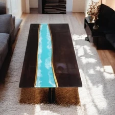 48"x24" Blue Epoxy Resin Dining Table luxury Wave Countertop Acacia Wooden Decor