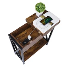 X-Shaped Narrow Flip Top Sofa Side End Table with 2 USB Ports, 2 Outlets Brown 