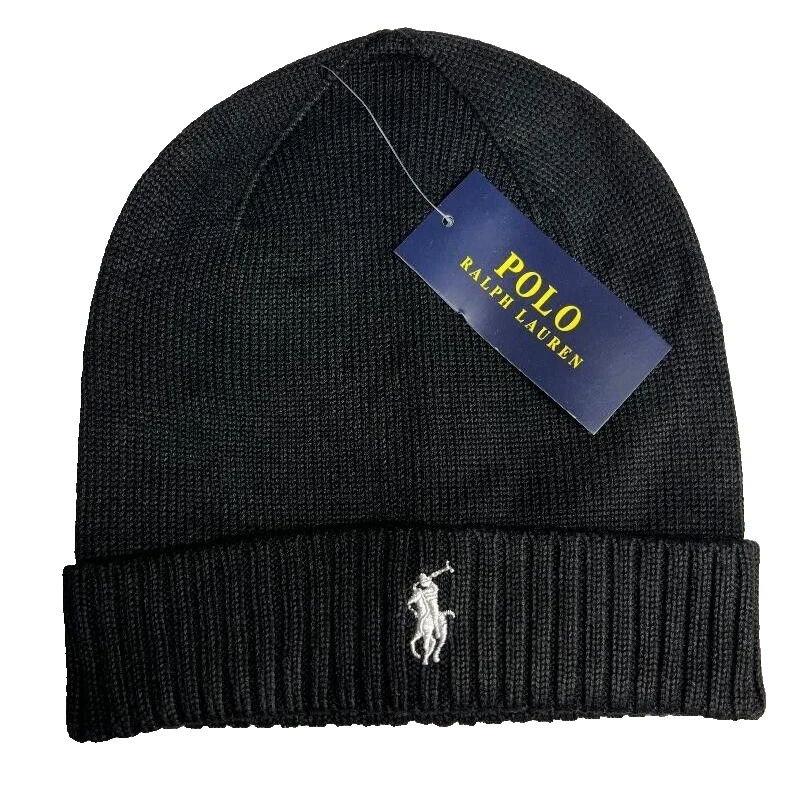 Polo Ralph Lauren Beanie Hat Black White Unisex Adults Winter 75