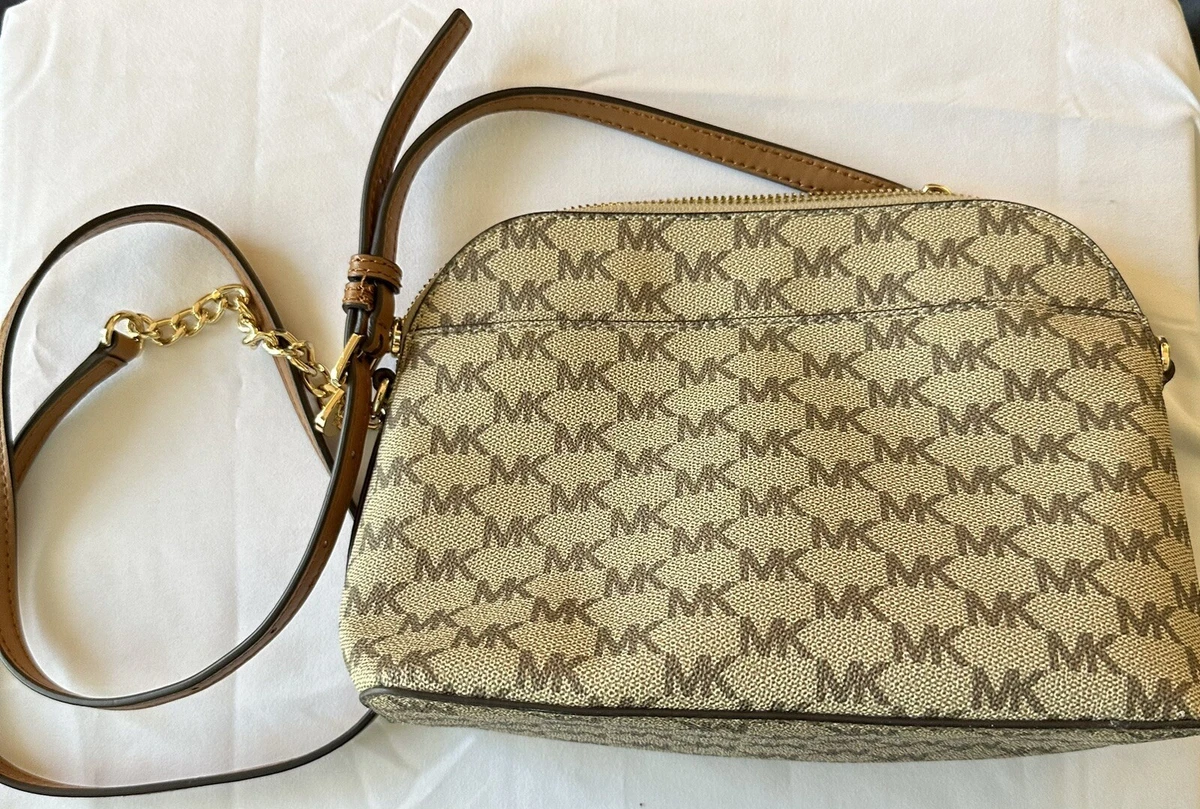 Michael Kors Beige Tan Logo Canvas Crossbody Bag Purse Tan Leather