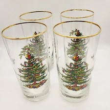 4- Spode Christmas Tree Highball Drinking Glass Gold Rim 6 1/8" tall 2 3/4" wide