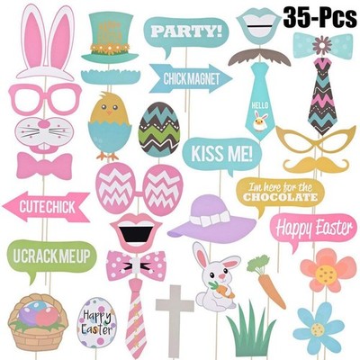 35Pieces Happy Easter Photo Booth Props, Big Easter Photobooth for Photograph...