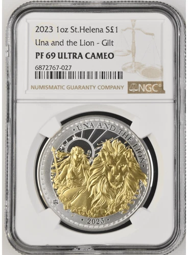2023 St. Helena Una and The Lion 1oz Silver Gilded Coin NGC PF 69 UCAM