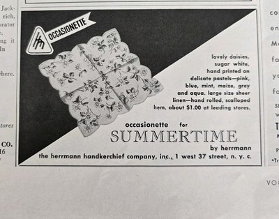 1952 Herrmann Occasionette Handkerchief  Summertime Vintage ad