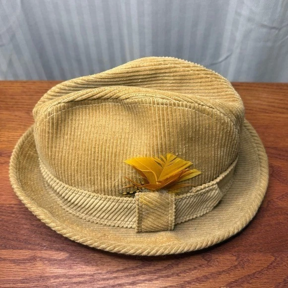 Vintage United Hatters Corduroy Fedora Tan Hat size 7 3/8 retro grandpa core - Image 2 of 4