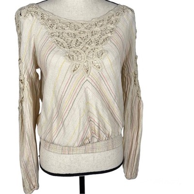 Free People Floating Memories Blouse Womens Beige Cotton Eyelet Pullover Top Sm