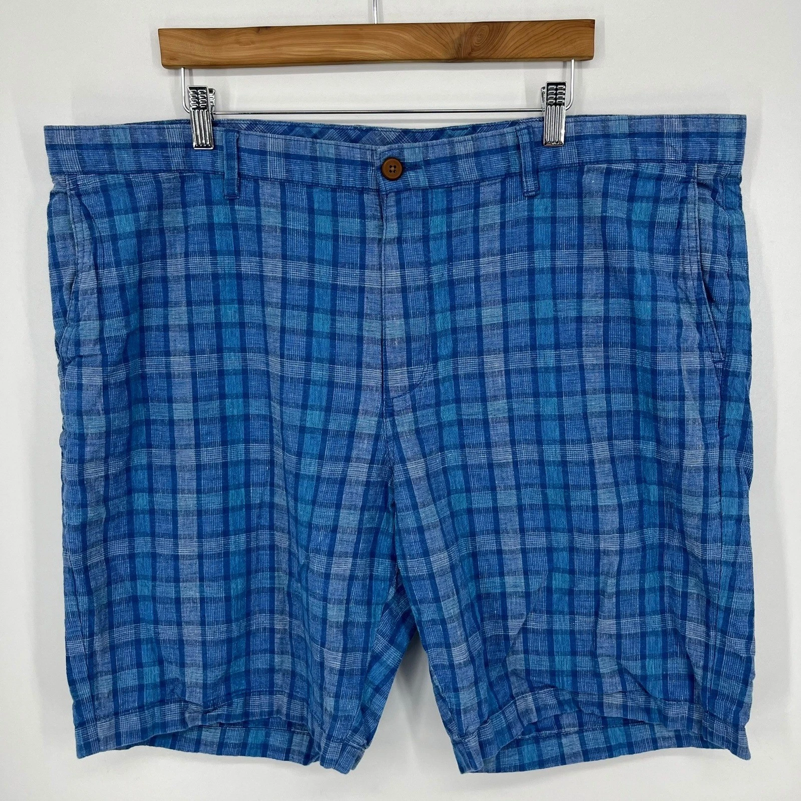 Tommy Bahama Mens Blue Plaid Linen Cotton Blend Shorts Size 44