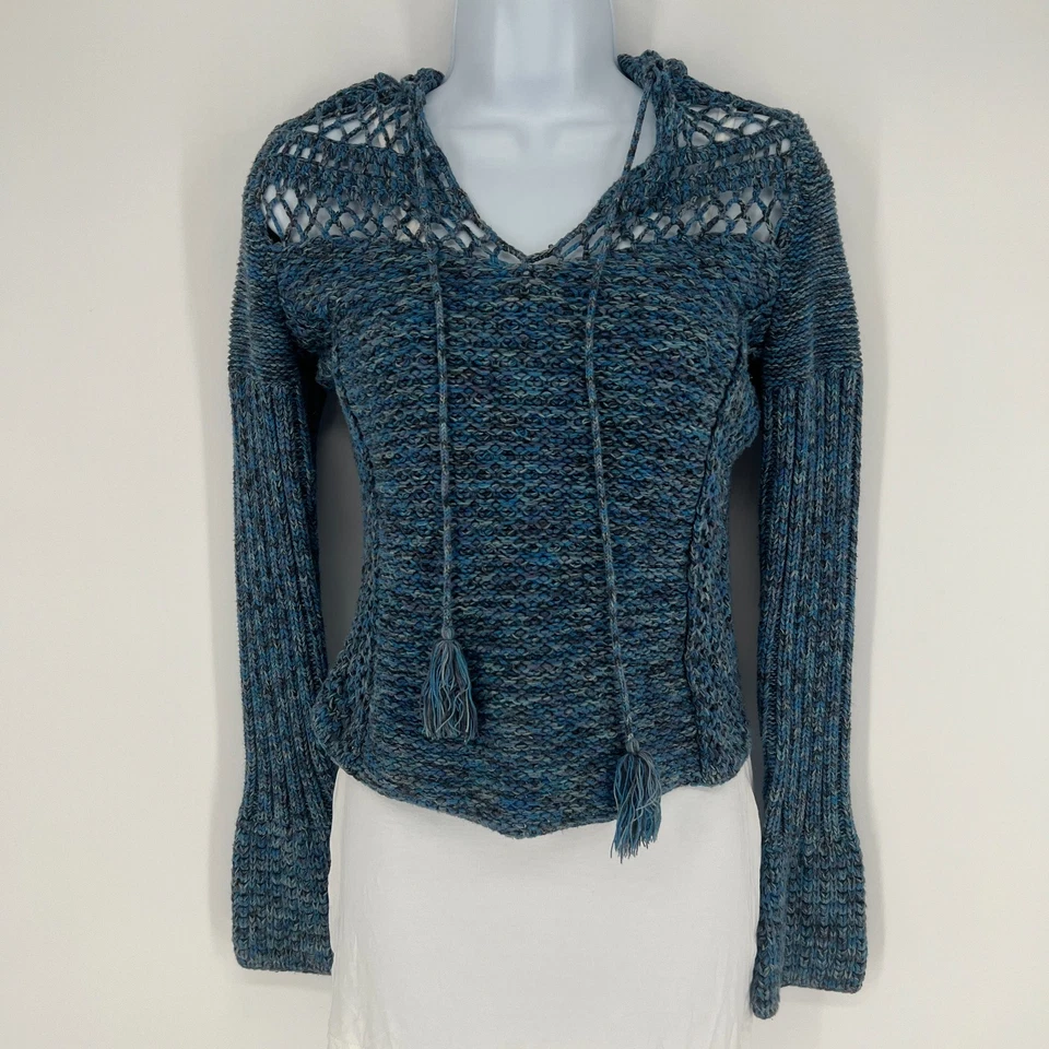 Suéter com capuz vintage Express feminino Y2K tamanho XS azul grunge indie boho crochê - Imagem 2 de 4