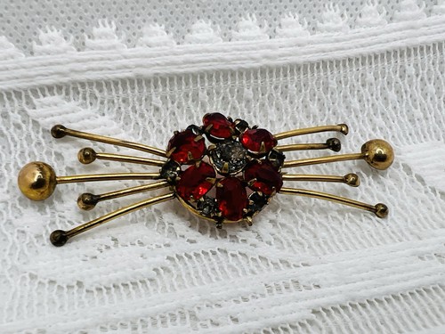 Vintage MCM Atomic Sputnik Starburst Gold Wire Red Green Rhinestones Brooch Pin - Picture 4 of 10