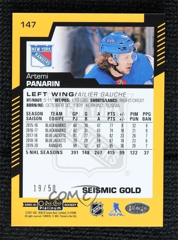 2020-21 O-Pee-Chee Platinum Seismic Gold /50 Artemi Panarin #147 - Image 2 of 2
