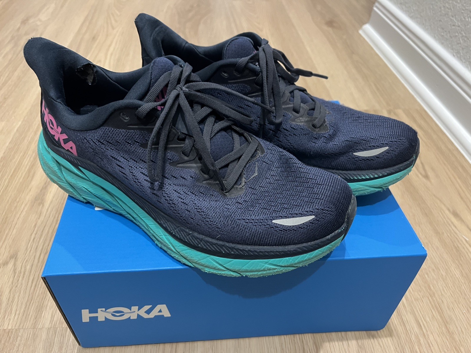 Hoka One One Clifton 8 Shoes Women Size 8.5 B Blue Green Running Sneakers