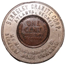 1933 D Berkely Granite Corp. Grave Memorial Atlanta Georgia Encased Lincoln Cent