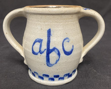 Rowe Pottery Works Vintage 1990 Salt Glazed ABC 2 Handled Child's Cup