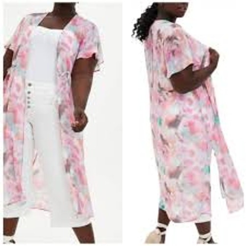 Torrid Kimono Womens 4X Pink Watercolors Chiffon Sheer Lightweight Coverup Beach
