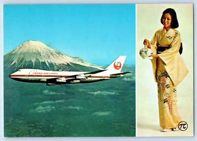 Airplane Postcard Japan Air Lines Boeing 747 Devant Le Fuji Yama Mountain