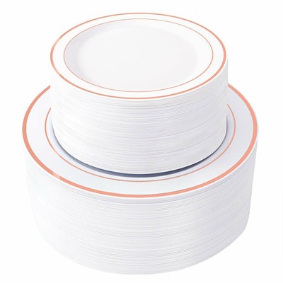 100 Piece Plastic Party Plates White Rose Gold Rim Dinner Heavy