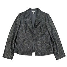 CHICOS Black Silver Blue Tweed Blazer Blazer Jacket Long Sleeve Front Hook Sz S
