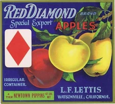 Red Diamond, Playing Card, 1920's Watsonville CA VTG Apple Crate Label