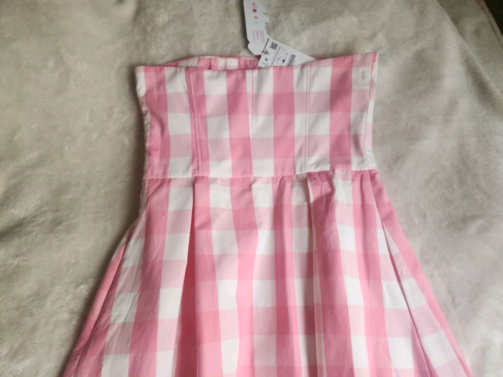 ZARA X BARBIE THE MOVIE WARNER BROS STRAPLESS DRESS Gingham PINK Cream SZ S NWT image 6