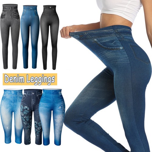 High Waist Stretchy Leggings Denim Look 