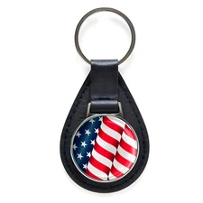 USA Waving Flag Black Leather Keychain Silver Keyring Military Gift