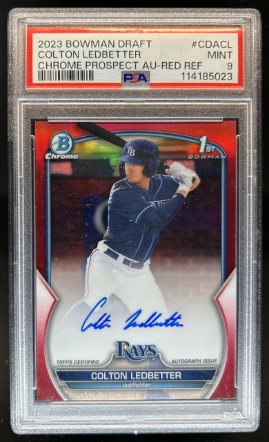 2023 Bowman Draft Colton Ledbetter Chrome Auto Red Refractor 1st #/5 Rays PSA 9
