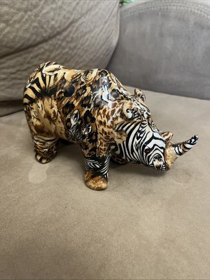 La Vie Collage Safari Rhinoceros Figurine Glazed Ceramic Patchwork 5 