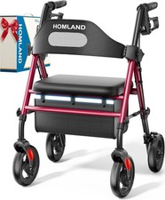 Foldable Rollator Walker with Seat, 8" Wheels, 350 lb Capacity, Adjustable, Red