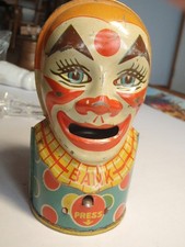 Vintage J. Chein Tin Litho Mechanical clown Bank Working Tongue 5" TALL