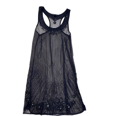 American Eagle Beaded Mesh Tank Top M Navy Blue Sheer Racerback Going Out