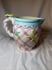 Vintage Lotus Ceramic Pitcher Hand Crafted  Pastel With 3d Flowers & Butterflys