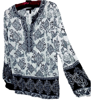 #ad WHBM Top 4 Black White Flowy Rayon Paisley Boho Hippie Cottagecore Shirt Blouse $22.00