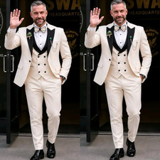 Formal Men's Suit Banuqet 3Pcs Black Peak Lapel Wedding Groomman Vest Jacket