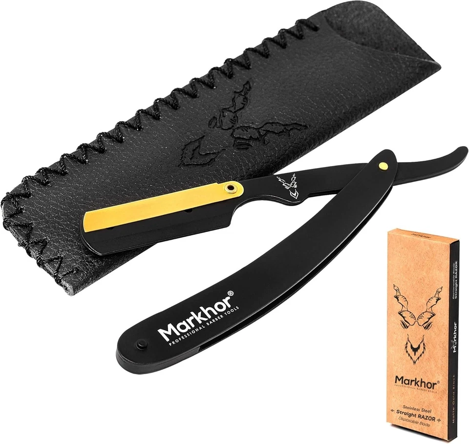 MARKHOR® Cut Throat Razors Kit, Matte Black with 24K Gold