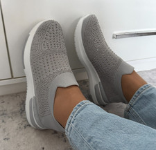Ladies Grey Rhinestone Slip On Trainers Womens Comfort Shoes UK 3-8 / Wide Fit