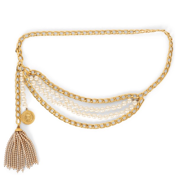 72831 Authentic Chanel Gold-Tone Metal 90P Pearl Tassel Chain Belt OZ