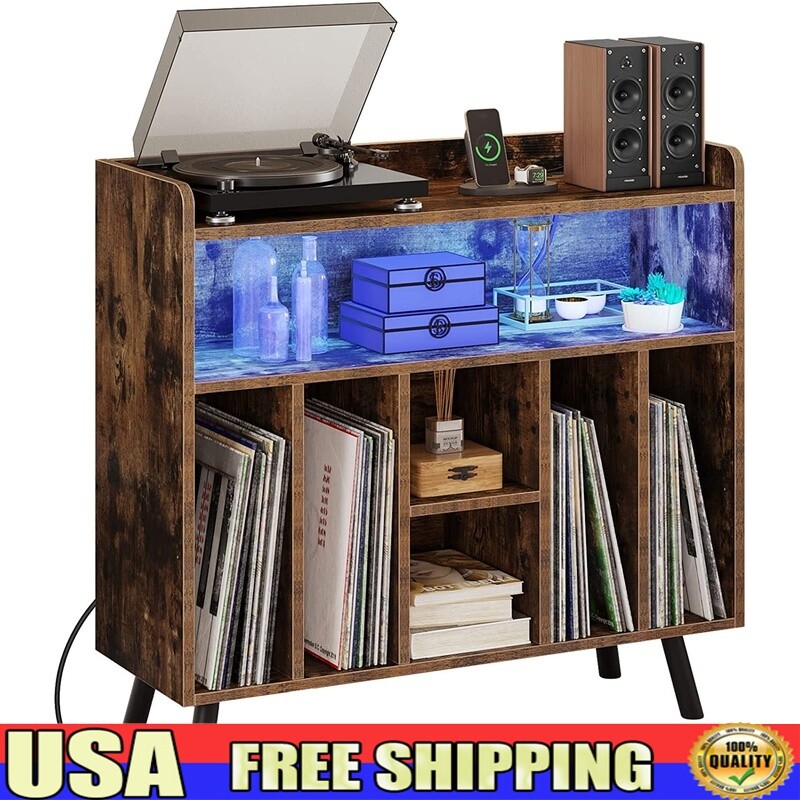 Vintage Record Player Stand with LED Lights and USB Charging Hub-image